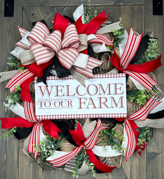 Welcome to Our Farmhouse Wreath, Red, Black & Cream Farmhouse Front Door Wreath
