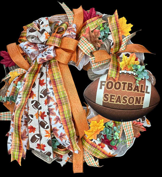 Fall Football Season Wreath, Autumn Football Handmade 24" Deco Mesh Wreath for Front Door