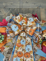 Fall Farmhouse Pumpkin & Country Blue Handmade 24" Deco Mesh Wreath