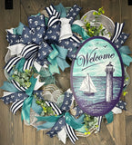 Sailboat & Lighthouse Nautical Welcome Wreath, Beach, Coastal Handmade Wreath