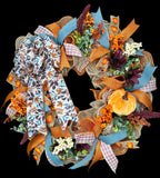 ONLY ONE AVAILABLE - Fall Harvest Country Blue and Cranberry Pumpkin Handmade 24" Deco Mesh Wreath for Front Door