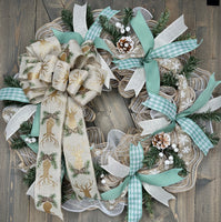 Winter Snowflake, Deer Sage Green Handmade 24" Country Christmas Wreath for front door