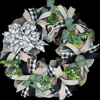 Black and Cream Buffalo Plaid Toile Farmhouse 24" Handmade Front Door Wreath