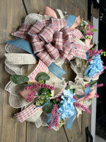 Blue Hydrangea and Rose Plaid Cottage Farmhouse 24" Handmade Deco Mesh Wreath