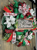 Merry Christmas White Poinsettia, Silver Ornament, Handmade 24" Christmas Wreath for front door