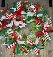 Christmas Wreath, Red, Green & White Christmas Wreath, Handmade 24" Christmas Wreath for front door