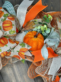 Farm Fresh Pumpkins Wreath, Orange, Mint Green, Fall Wreath, Handmade 24" Deco Mesh Wreath