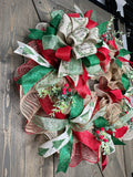 Merry Christmas Bow Christmas Tree Ribbon Traditional Red & Green Christmas Deco Mesh Handmade Wreath