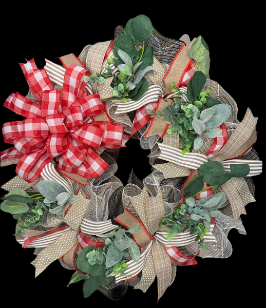 Red, White & Natural Buffalo Plaid Any Season Year-Round Handmade Farmhouse Wreath