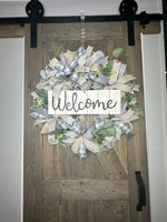 Gray and Beige Welcome Farmhouse Shabby Chic Cottage Rustic Handmade Front Door Year-Round Wreath,