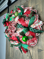 Candy Cane, Elf Bow Christmas 24" Deco Mesh Handcrafted Wreath