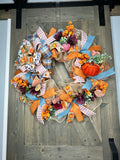 ONLY ONE AVAILABLE - Fall Harvest Country Blue and Cranberry Pumpkin Handmade 24" Deco Mesh Wreath for Front Door