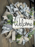 Gray and Beige Welcome Farmhouse Shabby Chic Cottage Rustic Handmade Front Door Year-Round Wreath,