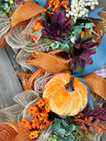 ONLY ONE AVAILABLE - Fall Harvest Country Blue and Cranberry Pumpkin Handmade 24" Deco Mesh Wreath for Front Door