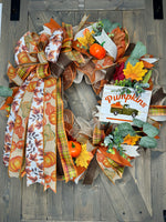 Fall Farm Truck Wreath, Farm Fresh Pumpkins, Handmade 24" Fall Deco Mesh Wreath for Front Door