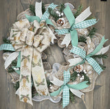 Winter Snowflake, Deer Sage Green Handmade 24" Country Christmas Wreath for front door