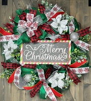 Merry Christmas White Poinsettia, Silver Ornament, Handmade 24" Christmas Wreath for front door