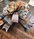 Fall Harvest Country Blue and Cranberry Pumpkin Handmade Clip-on Bow 12"x12"