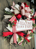 Welcome to Our Farmhouse Wreath, Red, Black & Cream Farmhouse Front Door Wreath