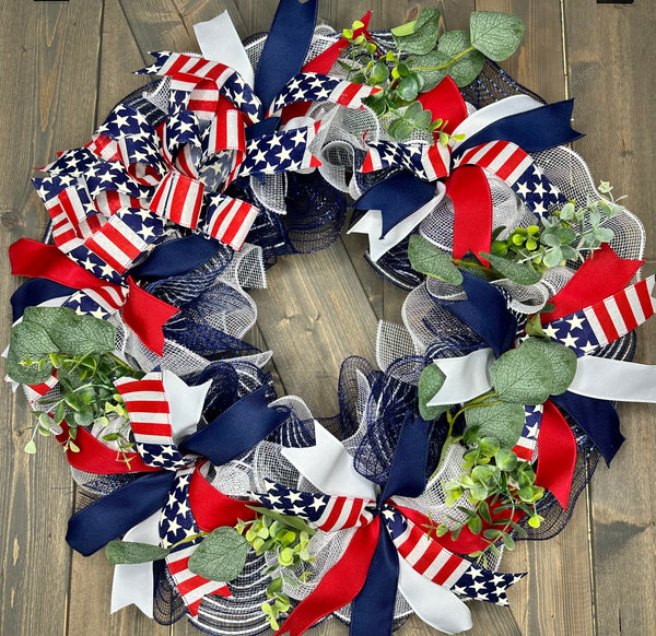 Patriotic Wreath, USA Flag Wreath, Red, White & Blue Memorial Day Wreath, 4th of July Wreath, Independence Day Wreath, Handmade Front Door Patriotic Wreath