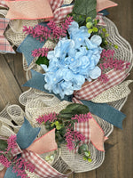 Blue Hydrangea and Rose Plaid Cottage Farmhouse 24" Handmade Deco Mesh Wreath