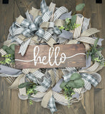 Gray & Beige Farmhouse Shabby Chic Cottage Rustic Handmade Front Door Hello Year-Round Wreath