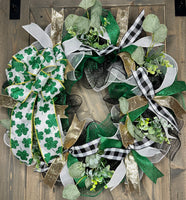 Shamrock, Green, Gold, Black & White Buffalo Plaid, Deco Mesh, Handmade, Front Door St. Patrick's Day Wreath