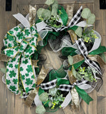 Shamrock, Green, Gold, Black & White Buffalo Plaid, Deco Mesh, Handmade, Front Door St. Patrick's Day Wreath