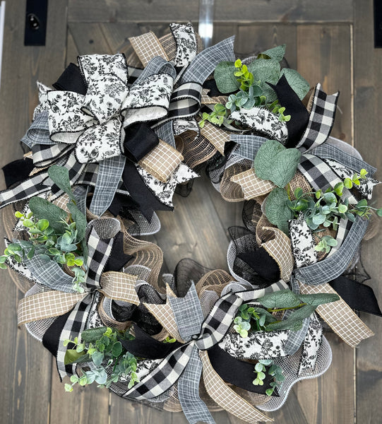 Grey, Black and Cream Buffalo Plaid Toile Farmhouse Handmade Wreath
