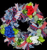 4th of July Patriotic Hydrangea Wreath, Red, White & Blue Wreath, 4th of July Wreath, Independence Day Wreath, Handmade Front Door Patriotic Wreath