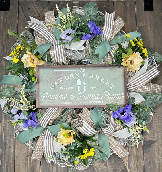 Sage, Yellow and Lavender Floral Farmhouse Handmade Front Door Wreath, available with or without the sign