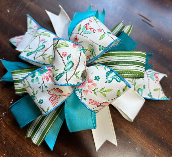 Spring or Summer Turquoise Bird Garden Floral Clip-on Bow 12"x12 X 5"
