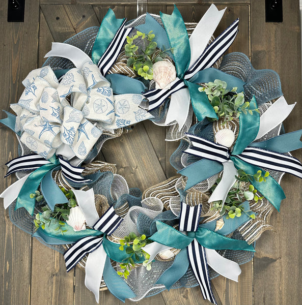 Beach, Coastal, Nautical Handmade Wreath, Cream, Smoke Blue, Turquoise & Navy Coastal Beach Wreath