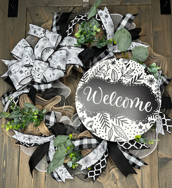 Black & White Wreath, Front Door Welcome Wreath, Neutral Deco Mesh Wreath, Doodle Flower Wreath (sign is optional)
