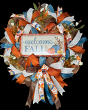 Welcome Fall Country Blue Handmade 24" Deco Mesh Wreath for Front Door