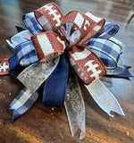 Navy, SIlver & White Football Clip-on Bow 12"x12"