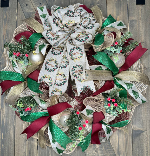 Christmas Wreath, Noel, Burgundy, Green & Gold Christmas Holiday Wreath