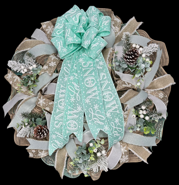 Winter "Let It Snow" Snowflake Wreath, Mint Green Snowflake 24" Wreath for front door