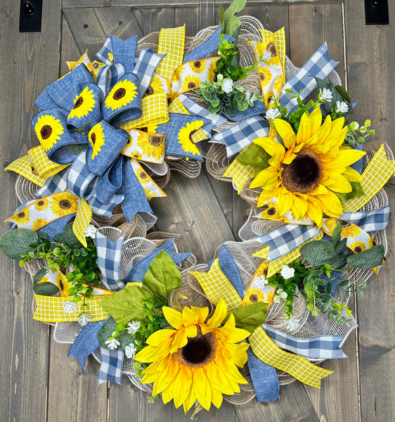 Sunflower Denim Spring and Summer Front Door Handmade Deco Mesh Wreath, ONLY ONE AVAILABLE!