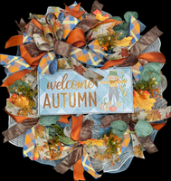 Welcome Autumn Country Blue Handmade 24" Deco Mesh Wreath for Front Door