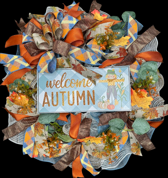 Welcome Autumn Country Blue Handmade 24" Deco Mesh Wreath for Front Door