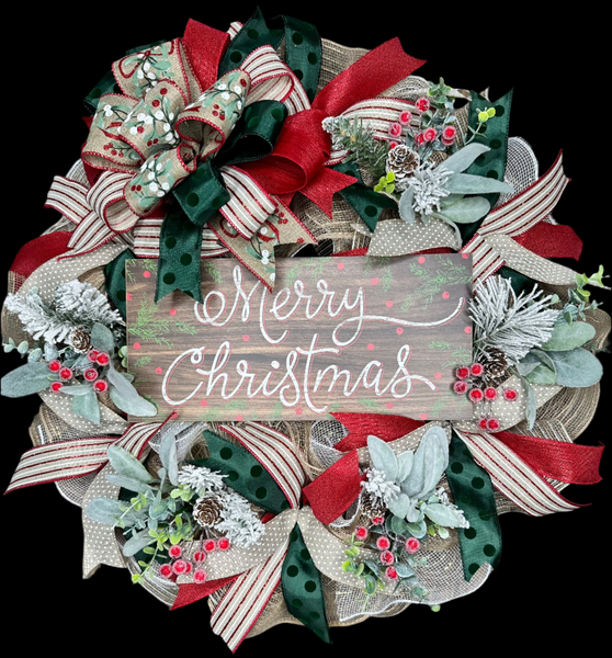 Merry Christmas Wreath, Christmas Wreath for Front Door, Handmade 24" Christmas Wreath