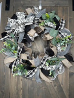 Grey, Black and Cream Buffalo Plaid Toile Farmhouse Handmade Wreath