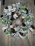Gray, Black and Cream Buffalo Plaid Toile Farmhouse Handmade Wreath