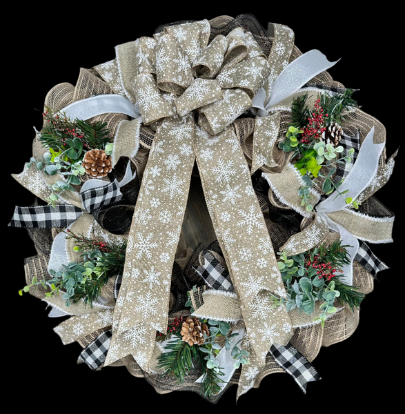 Winter Snowflake Wreath, Natural Colored Snowflake 24" Wreath for front door