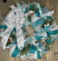 Turquoise, White with Silver Accents Snowflake Handmade Winter Wreath