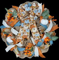 Fall Pumpkin & Country Blue Handmade 24" Deco Mesh Wreath