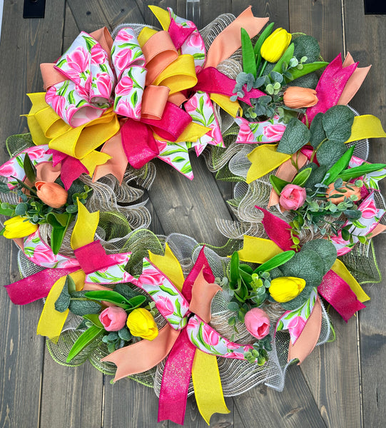 LAST ONE!  Spring Tulip Handmade Deco Mesh, Pink Tulip Wreath, Easter Wreath, Spring Wreath for Front Door