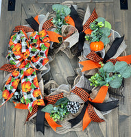 Fall Wreath, Fall Buffalo Plaid Wreath, Black and White Buffalo Plaid Wreath. Autumn Wreath, Handmade 24" Deco Mesh Wreath, Wreath for Front Door