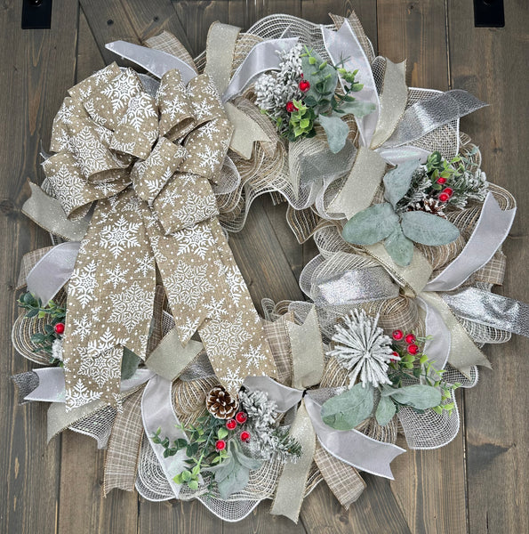 Natural, White and Silver Snowflake Farmhouse Winter Handmade Wreath